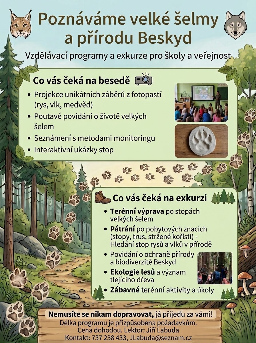 Letáček Poznáváme velké šelmy a přírodu Beskyd — vzdělávací programy a exkurze pro školy a veřejnost